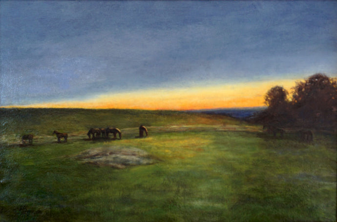 oil painting of a group of horses grazing at sunset