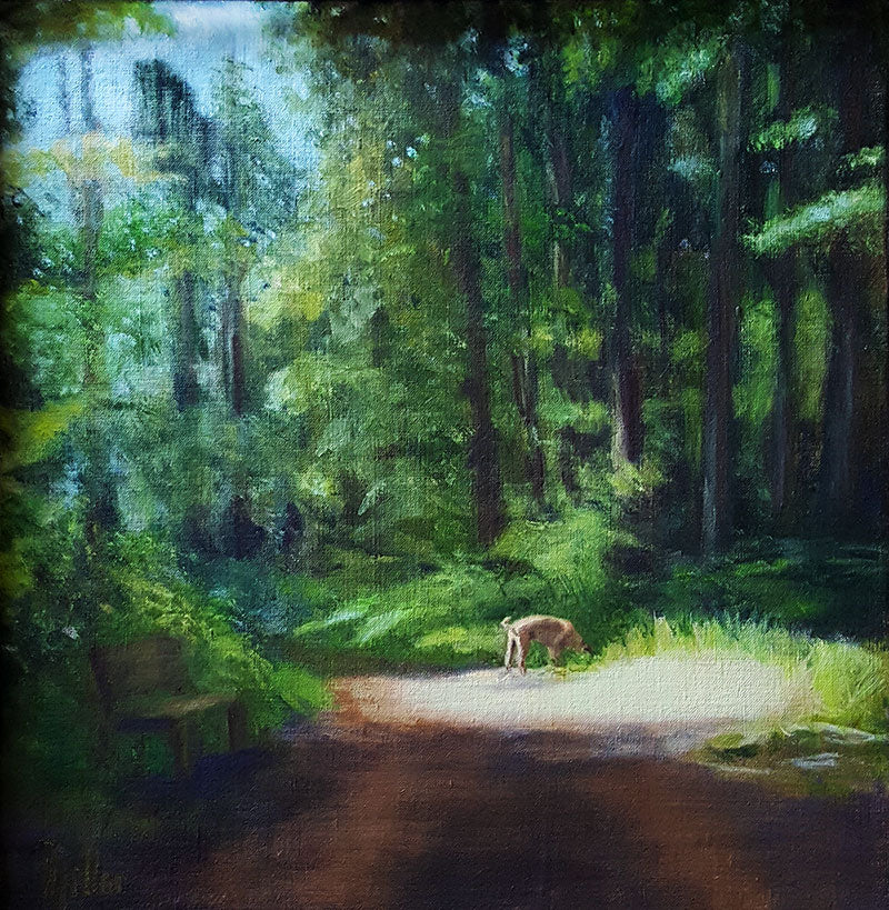 Oil painting of a dog (boxer) on a walk in a forest in Switzerland