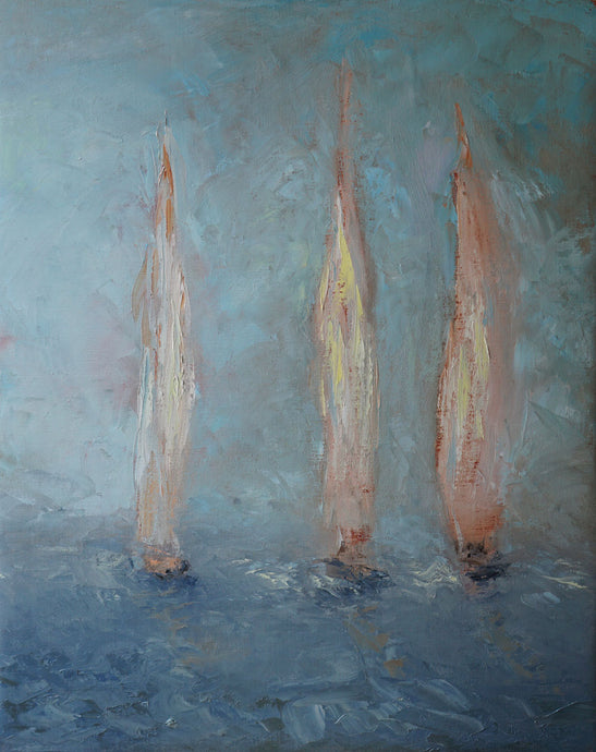 oil painting of three sailboats 